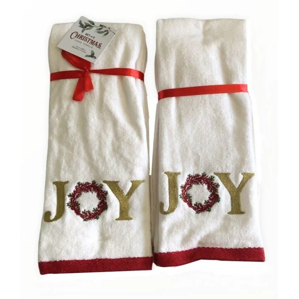 Christmas Joy Wreath Hand Towels Holiday Embroidered White Gold Winter Set of 2